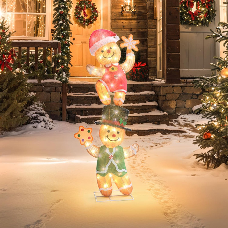3D Outdoor Christmas Decorations 48 Inch Pre Lit Stacked Gingerbread Man Ornaments With 50 Lights Outside Indoor Holiday Lighted Christmas Decor For